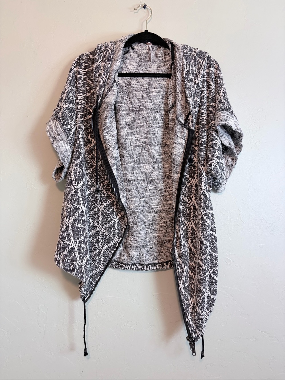Free People Black & White Marled Open-Front Hoodie Cardigan